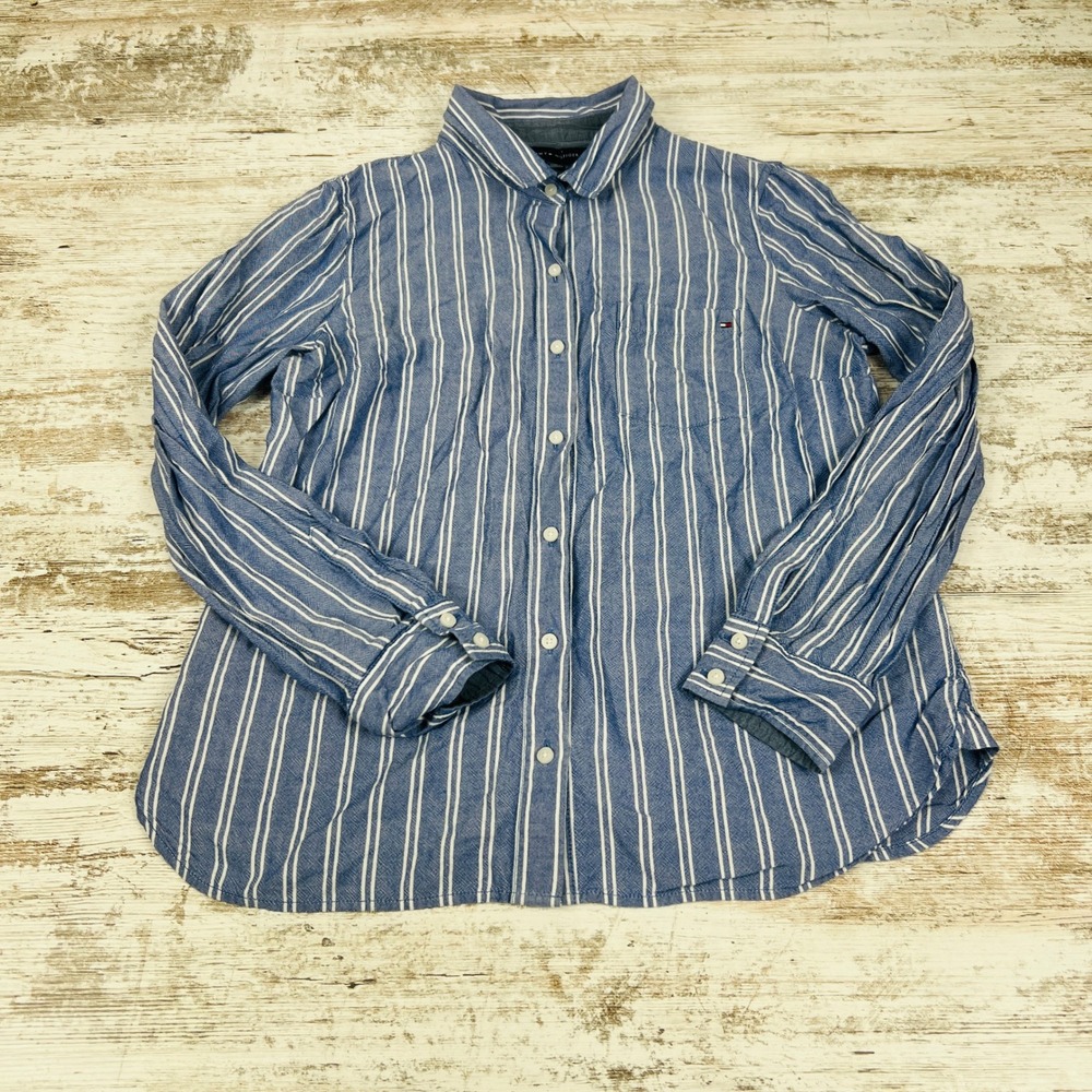 Tommy Hilfiger Womens M Blue White Striped Long Sleeve Button Up Shirt